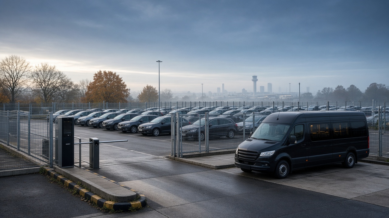Secure Heathrow Park and Ride compound with luxury shuttle outside ULEZ on a misty November morning