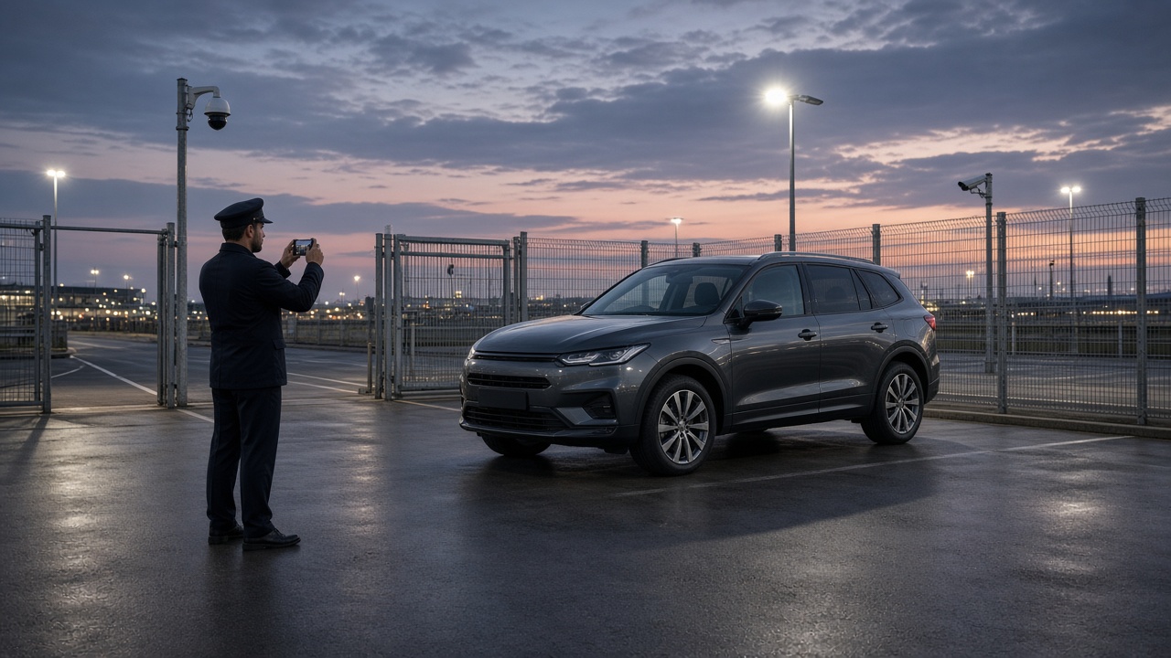 APP Certified driver photographing SUV in secure floodlit compound