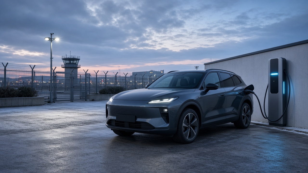 Electric SUV charging at a commercial bay in a secure Heathrow off-airport compound at dusk
