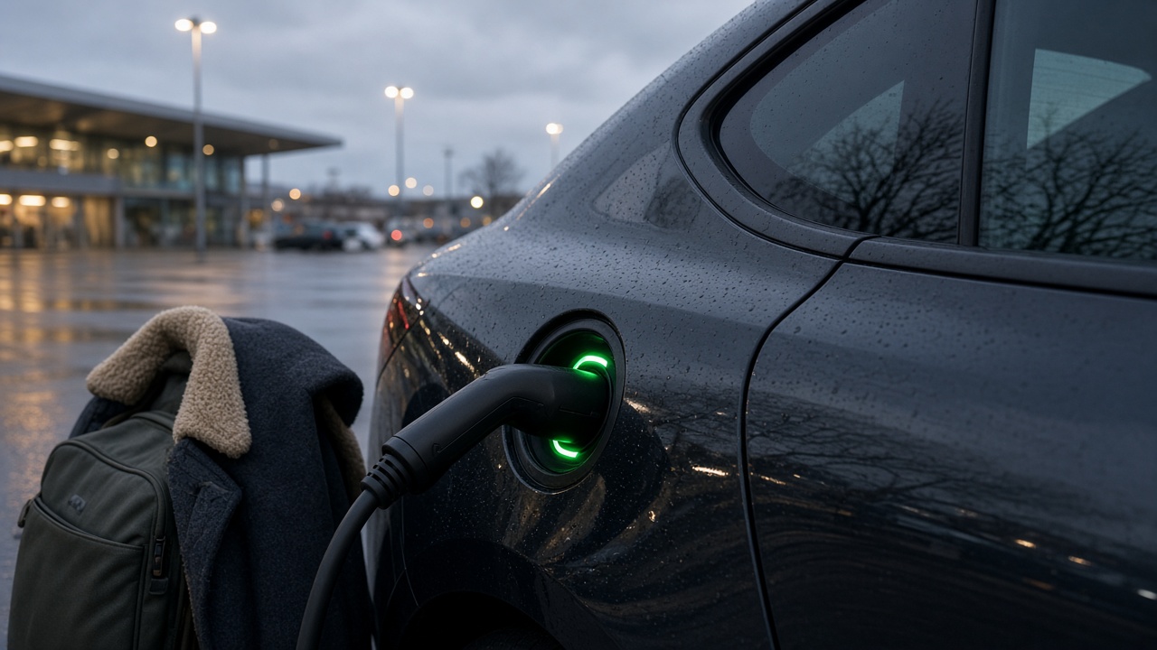 EV charge port connected after airport parking with travel bag nearby
