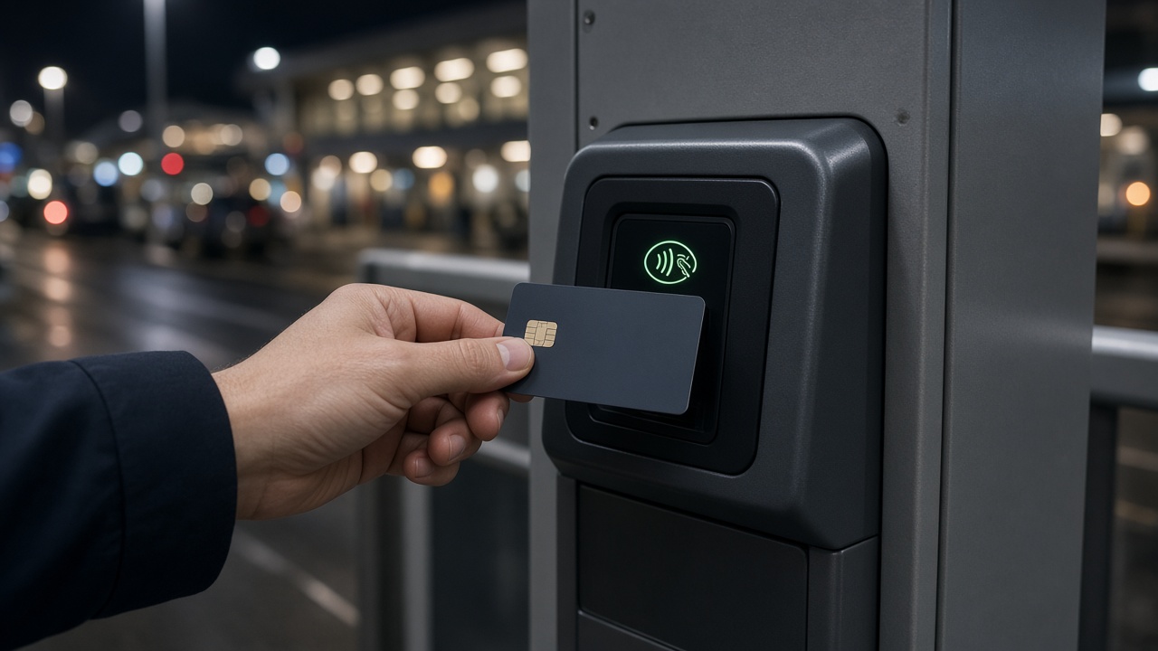 Contactless card payment at a UK airport parking barrier machine