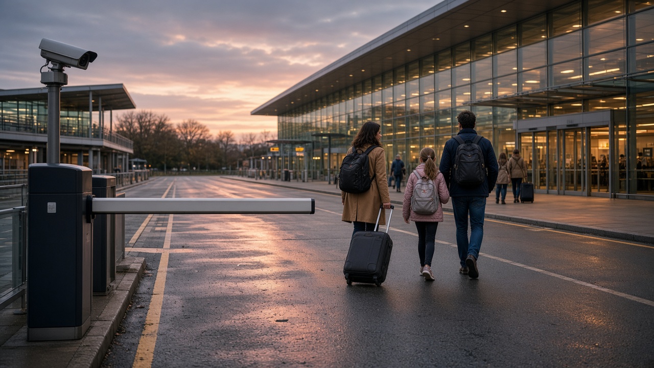 Family walking from Luton Airport barrier drop-off toward the terminal at dusk