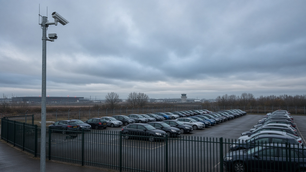 Secure airport long-stay car park compound with CCTV under overcast November sky