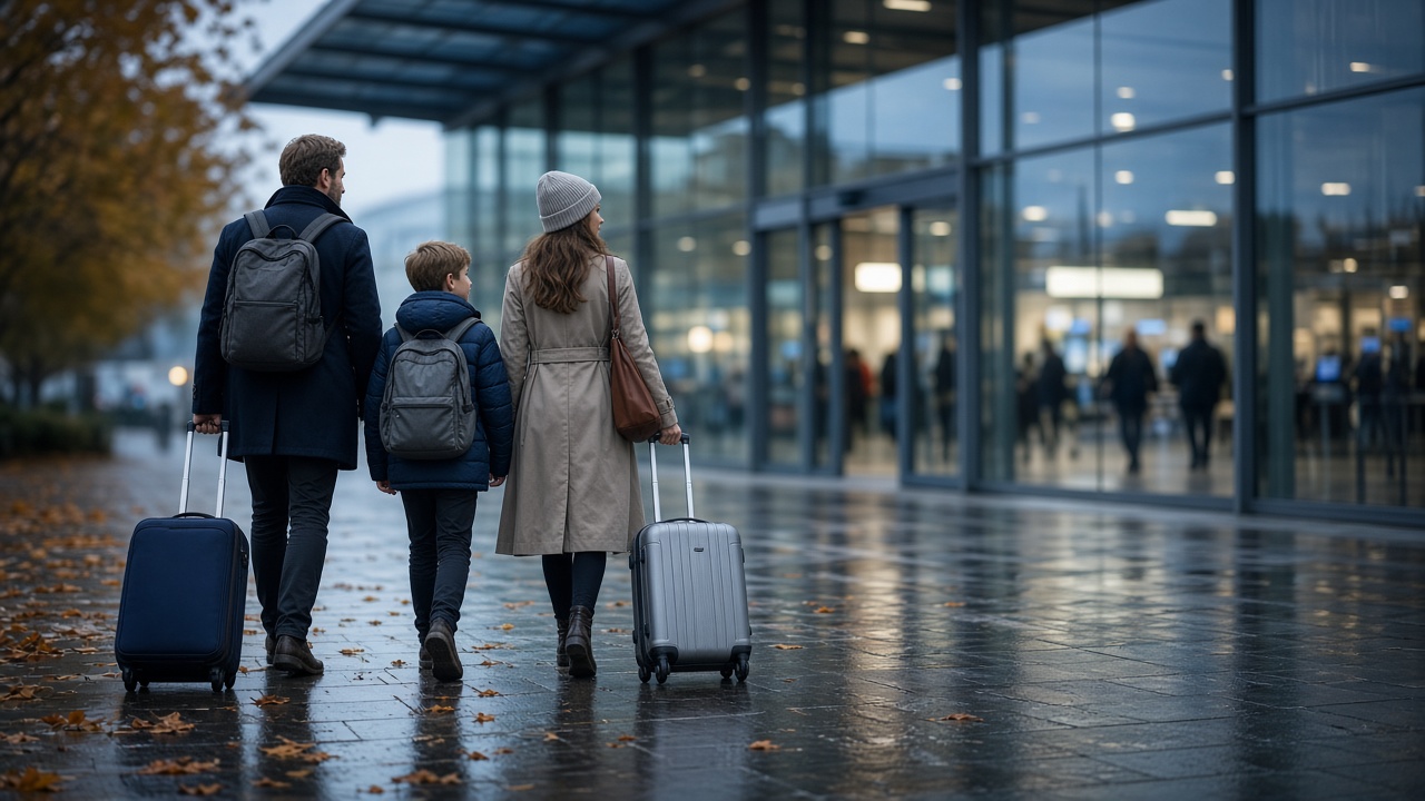 Family with suitcases walking into a modern airport terminal on a rainy November day