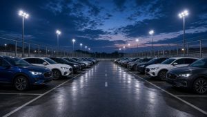 Secure floodlit off-airport parking compound with CCTV fencing at dusk.