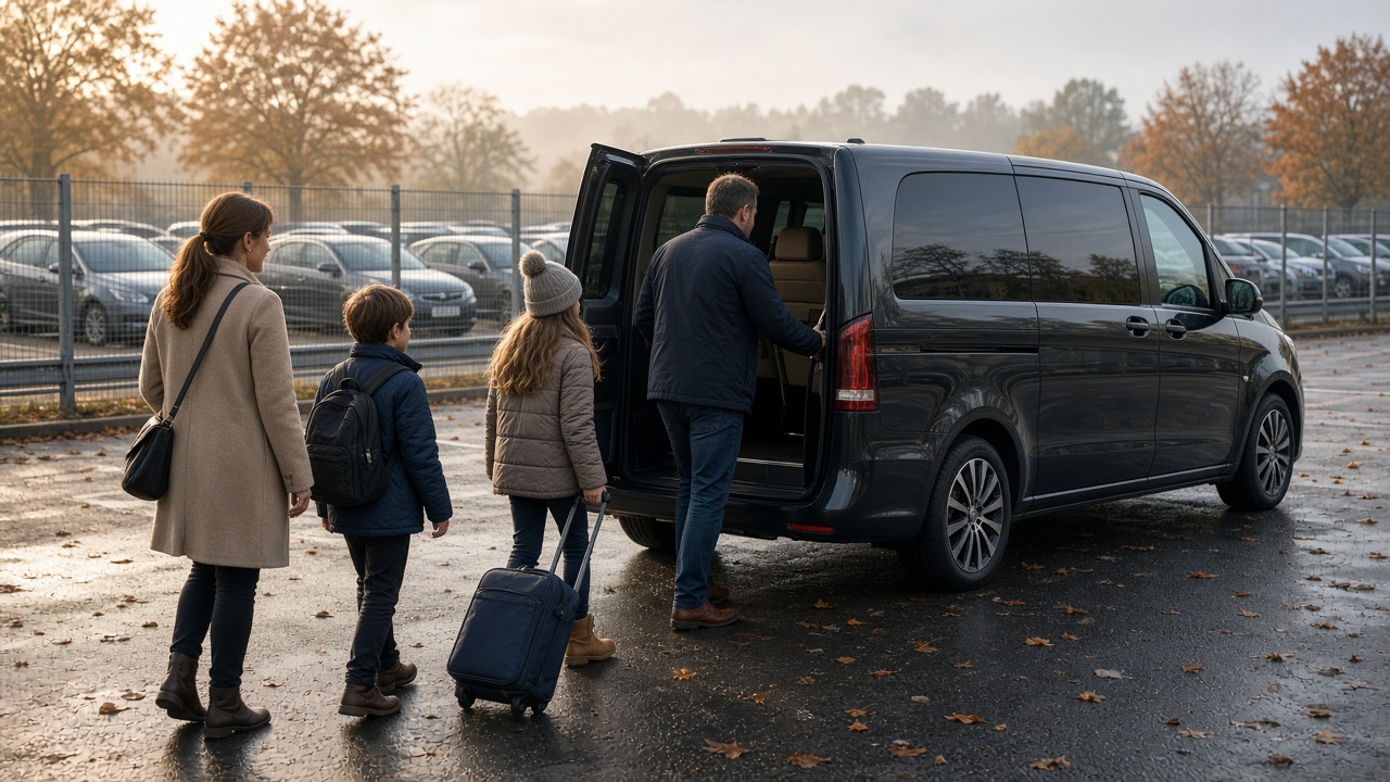 Family boarding Park and Ride luxury shuttle at secure Heathrow off-airport compound in November