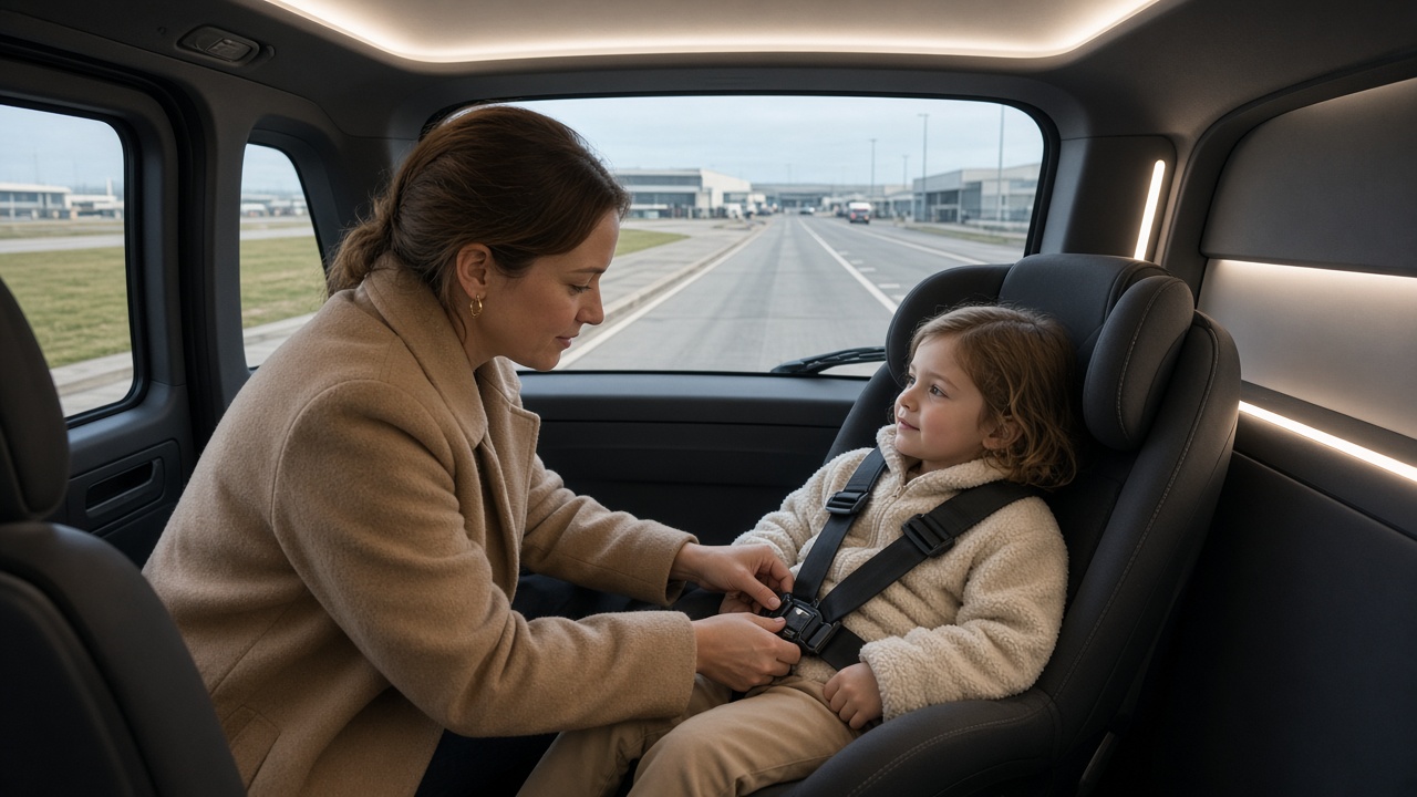 Parent securing child in airport Park and Ride shuttle seat