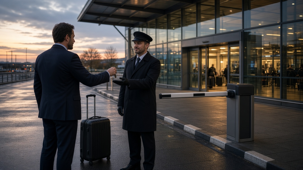 Business traveller handing keys at Luton Premium Meet and Greet kerbside